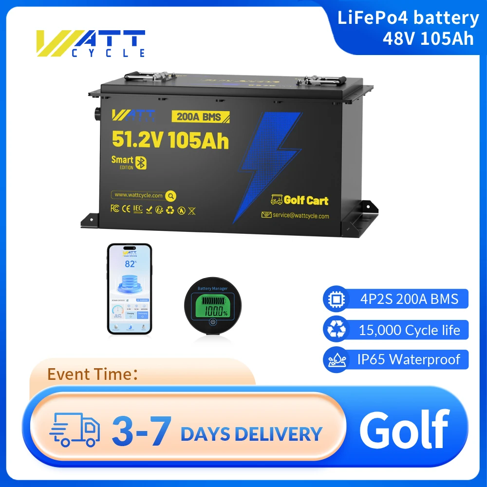 

Wattcycle Golf Cart 48V 105Ah LiFePO4 Lithium Battery 200A BMS with Bluetooth & LCD display, Range of 70 Miles 600A Peak Current