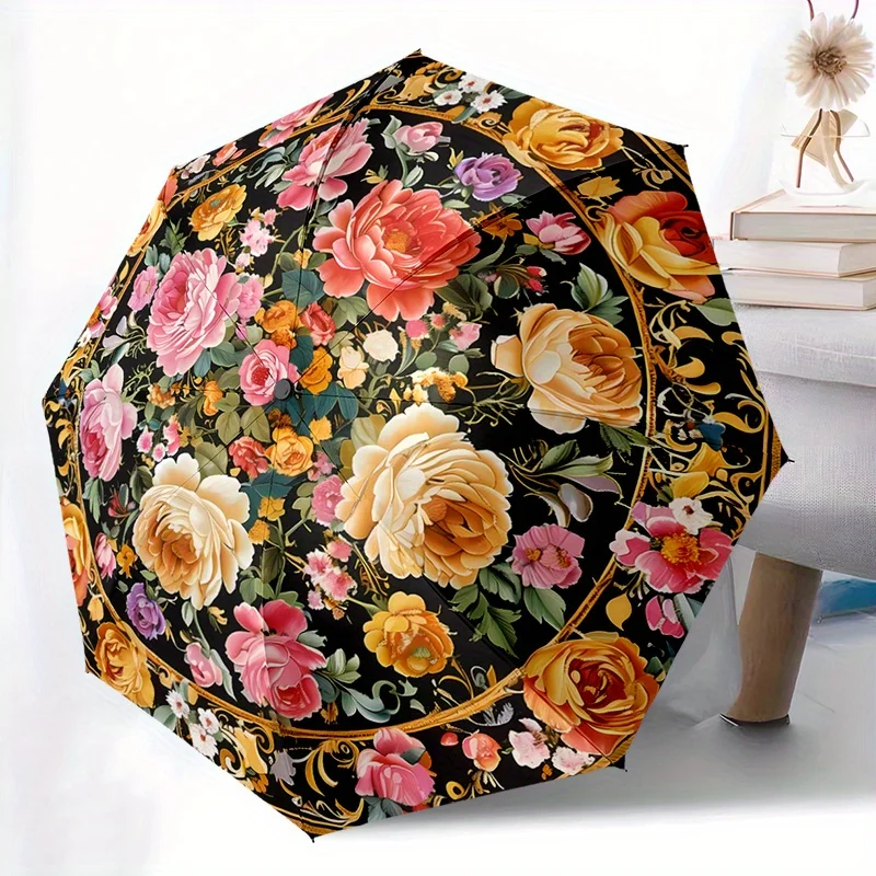 

Luxury Golden Floral Automatic Umbrella with 8-Rib, Foldable Design & Elegant Black Background - Perfect for Travel, Daily Use