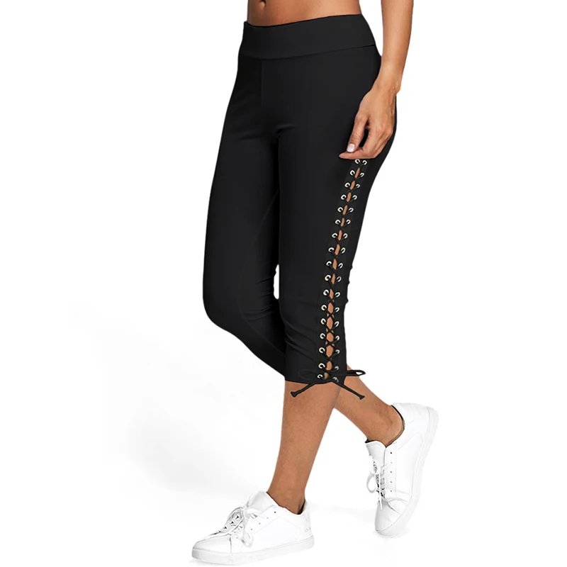 Dressfo Women's Capri Leggings Lace Up Skinny Crop Leggings  Solid Casual Sport Pants