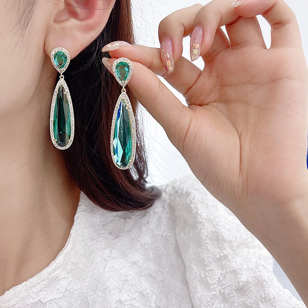 Huitan Gold Color Green/Purple Water Drop Cubic Zirconia Women Hanging Earrings Fashion Contracted Design Luxury Female Jewelry image 3