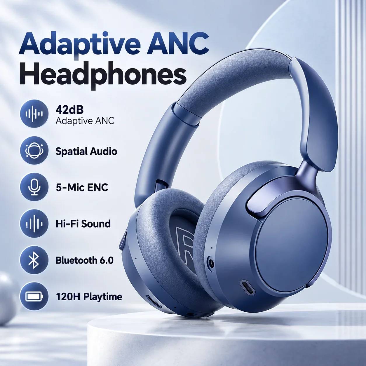 Casque de jeu, écouteurs Bluetooth, ANC, casque circum-aural, Bluetooth 6.0, ANC 42 dB, autonomie de 120 h, haut-parleur de 40 mm, type C, faible latence pour le jeu