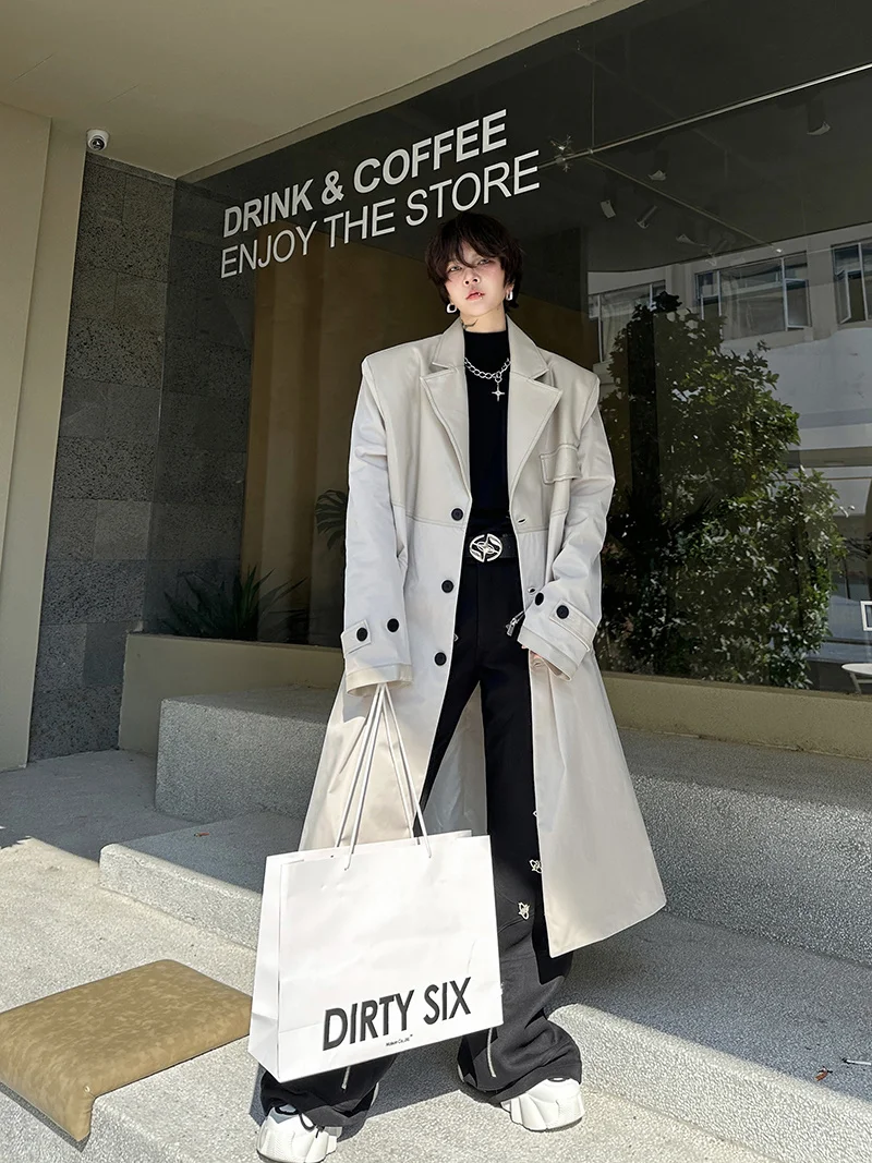 

Мужская удлиненная куртка-ветровка из искусственной кожи с комбинированным дизайном, на одной пуговице, выше колена, молодежная, осенне-зимняя, модная