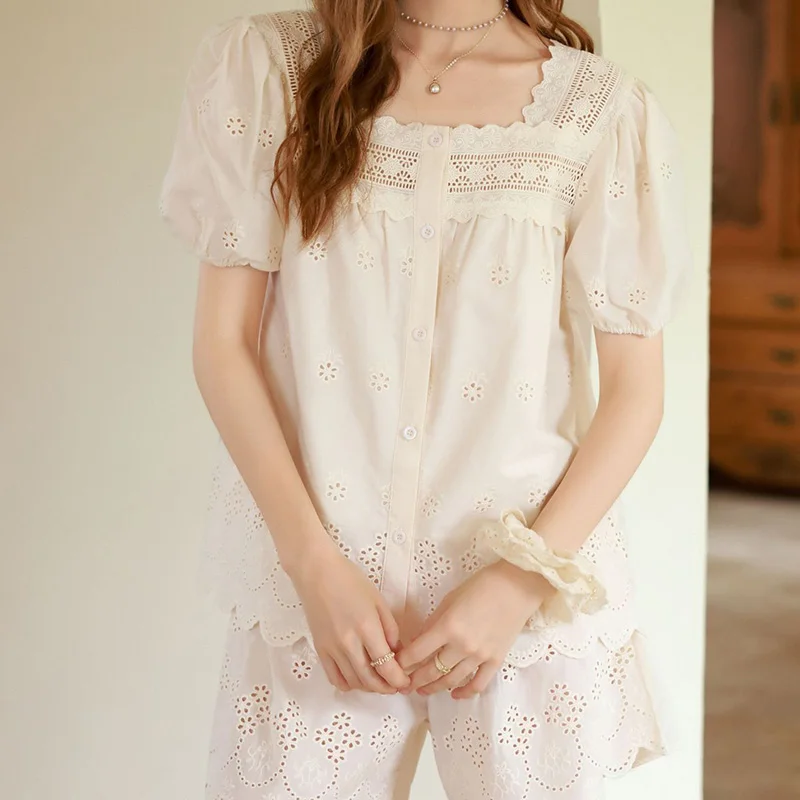 French Court Sweet Girls 100% Cotton Hollow Out Embroidery for Slimming Home Clothes Women Short Sleeve Pajamas Set