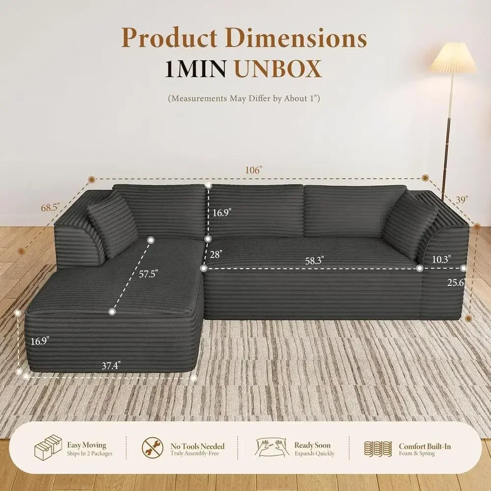 106 Grey Deep Seat Cloud Comfort Sectional Sofa with Chaise, Corduroy Memory Foam, Living Room/Bedroom, Ready to Use