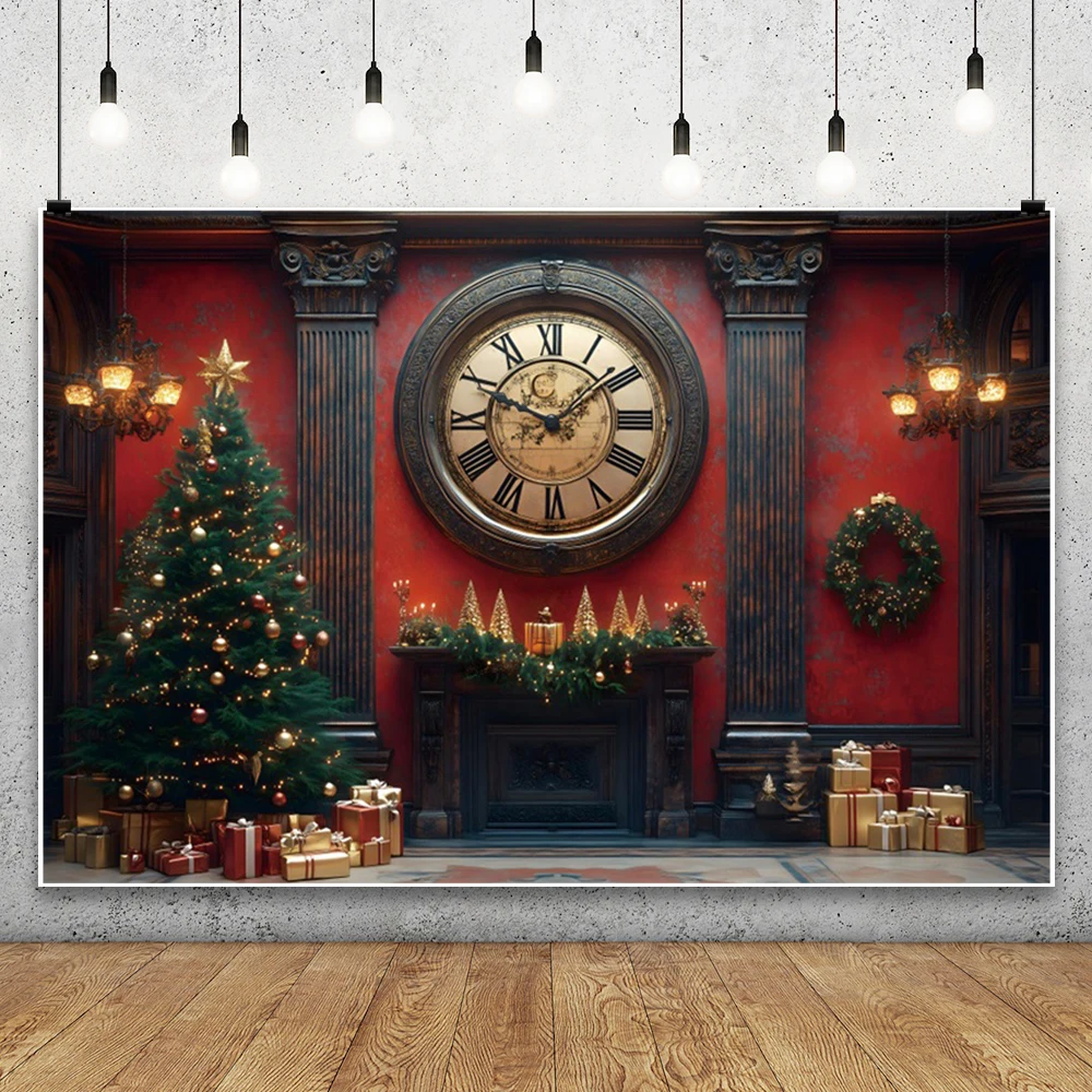 Fondo de Navidad rojo fotografía gigante Año nuevo reloj árbol de Navidad regalo chimenea invierno niños familia decoración interior telones de fondo