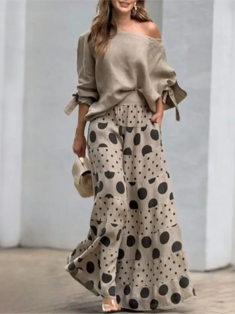 2 Piece Set Women Outfit Off-shoulder Tops With Polka Dot Print Wide Leg Pants Matching Suit Fashion Women\'s Clothing 2024 Sets