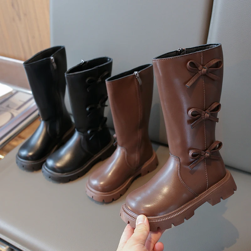 Girls Black Fashion Boots 2025 Autumn Winter Warm Kids Sweet Bow Knee-high Botas Simple Children Soft PU Leather Shoes for Girl