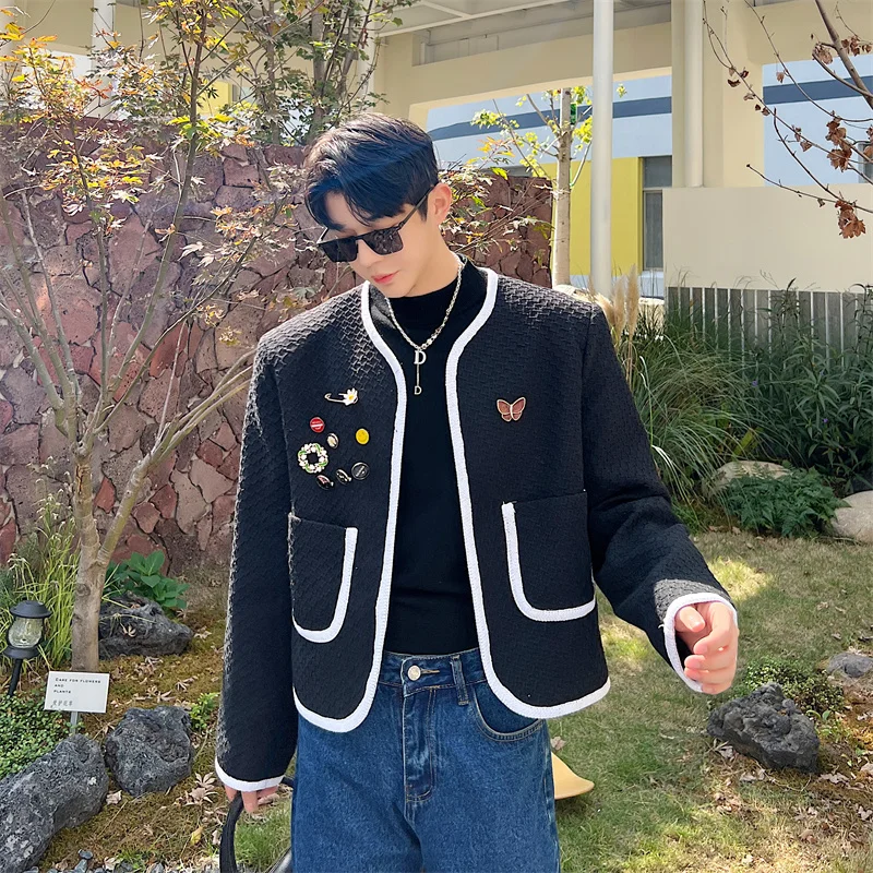 

Ele ort Men's Suit Jaet Faionable Chic Design High-End Feeling Trendy Outerwear Polyester Stand Fit Long Sve