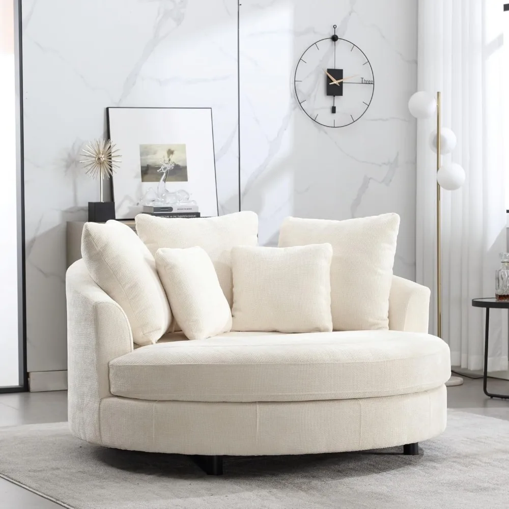 

59.8" W Oversized Barrel Chair, Round Accent Chair with Wheels, Extra Large Living Room Chair, Knitted Chenille, Beige