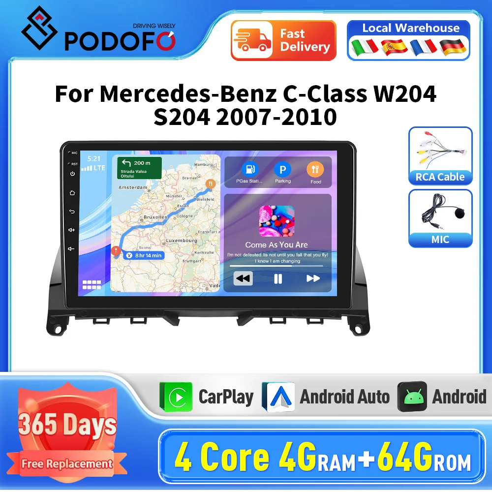 Podofo Radio Carplay Android For Mercedes-Benz C-Class W204 S204 2007-2010 NoDVD Display GPS Multimedia Auto Touch Screen Stereo