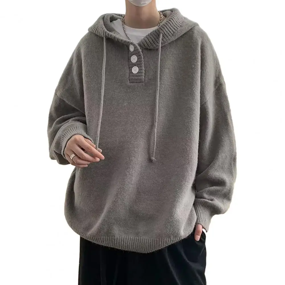 Men Hooded Sweater Vintage Streetwear Men's Button Hooded Sweater with Drawstring Warm Loose Fit Mid Length Plus Size for Men