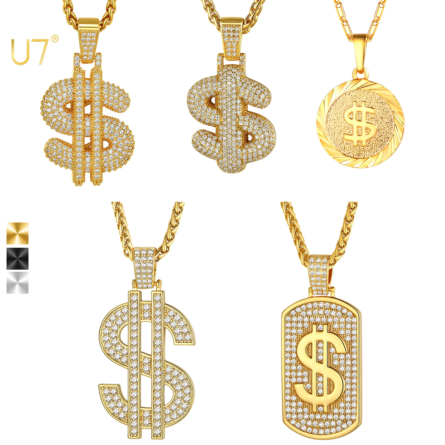 U7 US Dollar Sign Necklaces for Man Woman White CZ Paved Setting Size S/M/L Dollar Sign Pendant Gothic Hip Pop Jewelry Gift