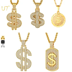 U7 US Dollar Sign Necklaces for Man Woman White CZ Paved Setting Size S/M/L Dollar Sign Pendant Gothic Hip Pop Jewelry Gift