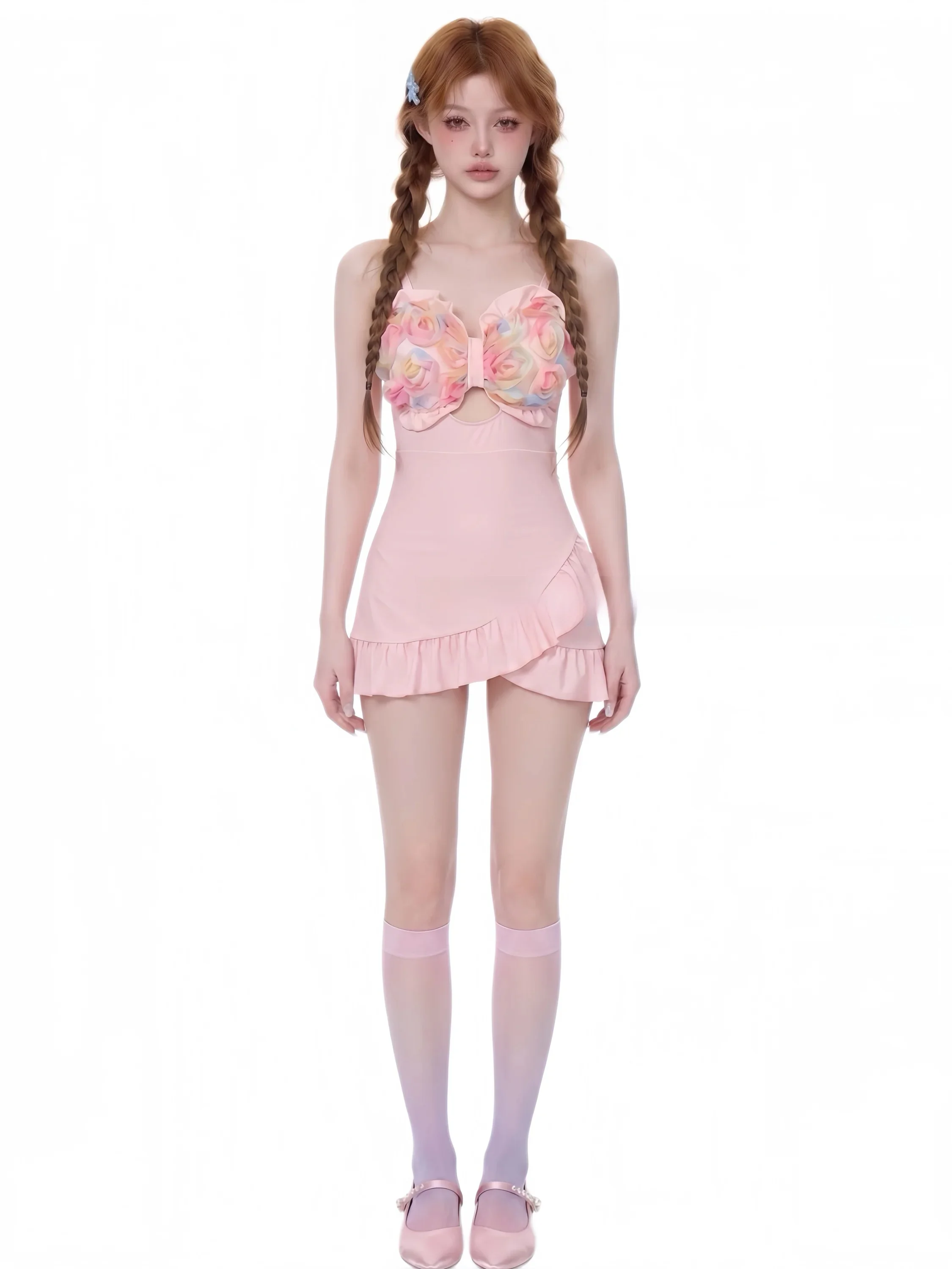 Pink Sweet Girl Style One-Piece Swimsuit Women's New Flounce Flower Decoration Belly Cover Slimming Swimming Suits