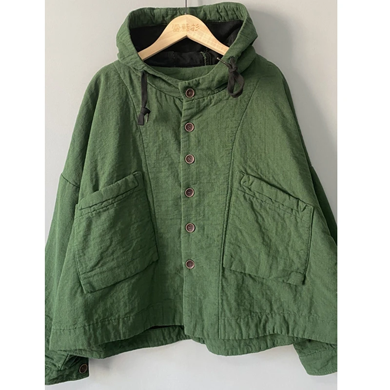 

2026 New Arrival Winter Women Single Breasted Long Sleeves Cotton Linen Parkas Casual Warm Thickened Hooded Collar Coats Y168