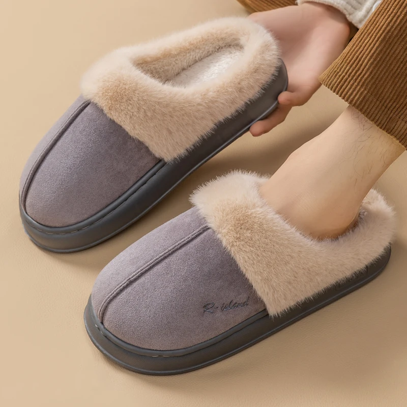 New Fashion Winter Unisex Concise Warm Fluffy Slippers For Men And Women Non-slip Soft Flat Slides Indoor Mule Home Cotton Shoes