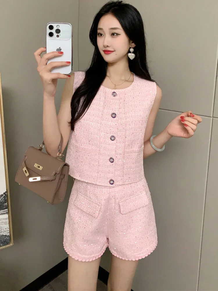 

2025 new in matching sets Female Tweed Sleeveless Vest tank Top pants Set Women French Slim Summer Lady Two Piece Outfits shorts