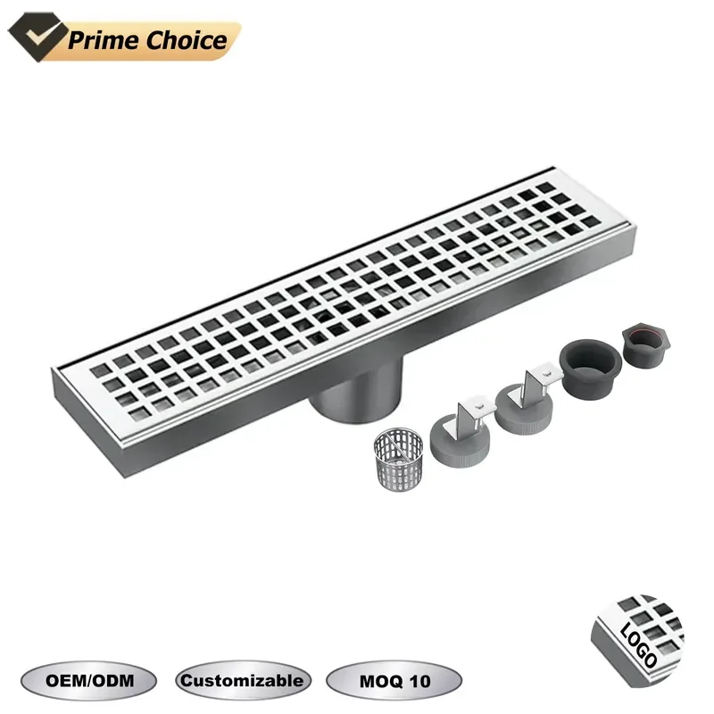 for OEM Modern 304 Stainless Steel Linear Floor Drain Square Hole Pattern High Flow Over 53L/min Polished Surface Removable