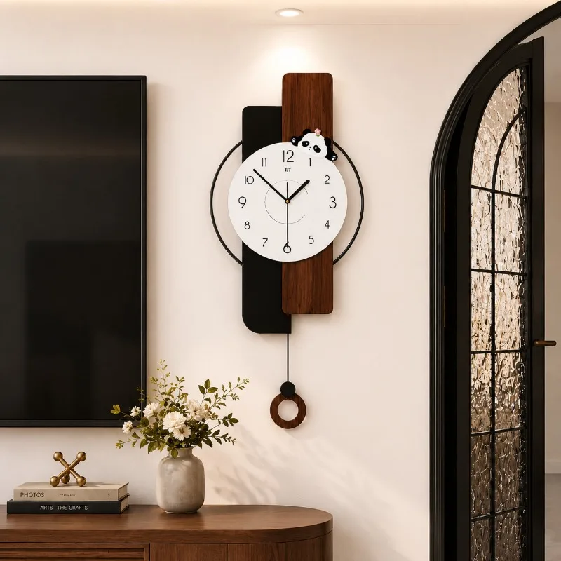 Large Wall Clock Silent Wooden Wall Watch with Pendulum Elegant Panda Mechanic Clocks Living Room Modern Aesthetic Decoration