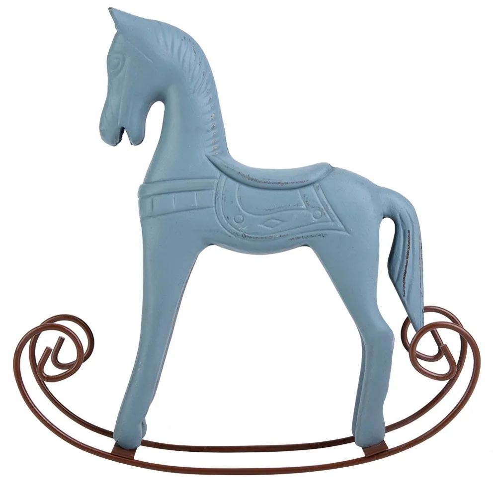 Pine Hand Carved Wooden Wobble Decor White, Blue, Grey Horse Nordic Log Figurine 9.06in Collectible Wood Display Statue
