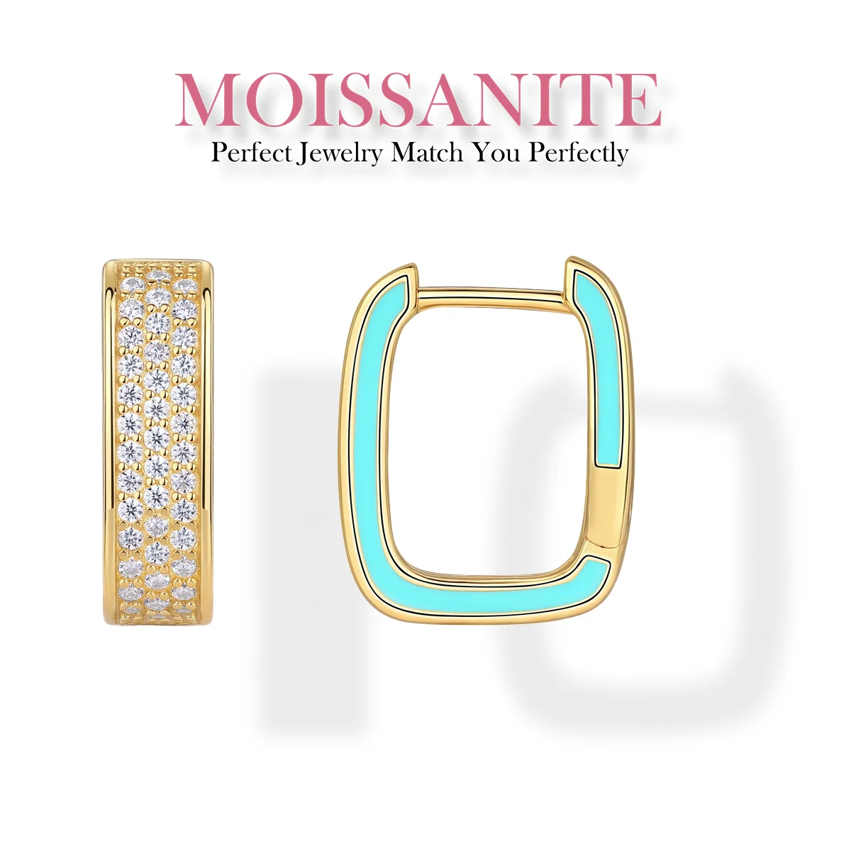 0.64cttw Geometric Square Hoop Earrings - S925 Sterling Silver Gold-Plated with Turquoise Enamel and Pave Moissanite Accents