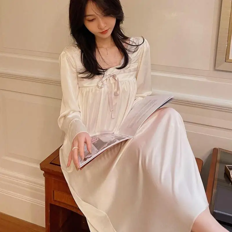 Long Nightdress Spring Autumn Sleepwear Female Bathrtobe Vintage Court Style Long Sleeve Nightgown Casual Loose Satin Home Dress