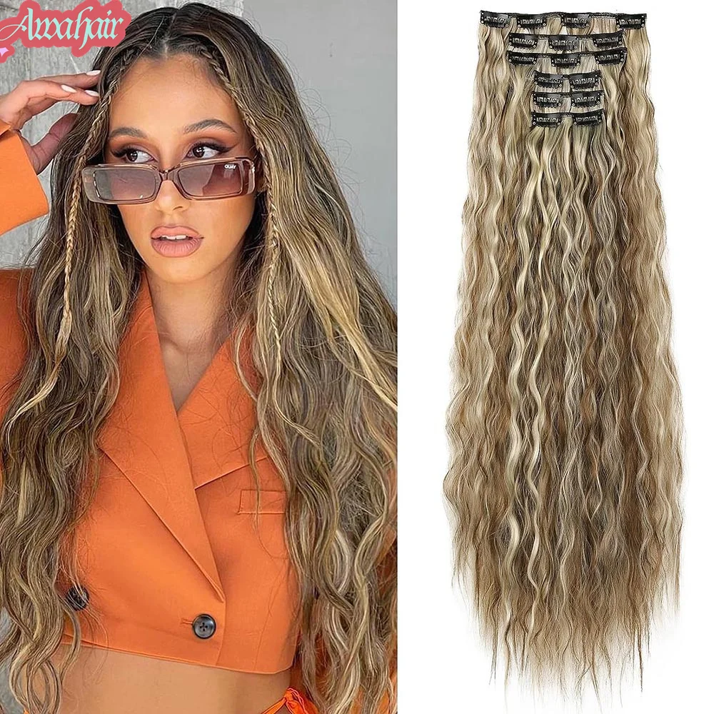 

16Clips Clip In Hair Extension Long Wavy Synthetic Wigs For Women 6Pcs/Set 20Inch Corn Curly Fake Hairpiece Heat Resistant Fiber