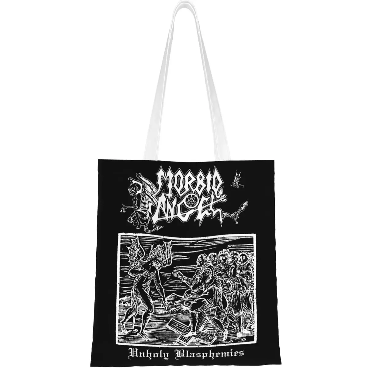 Morbid-Bolso de mano de lona con banda de Ángel para hombre y mujer, bandolera de Metal de la muerte, bolso de compras Unisex