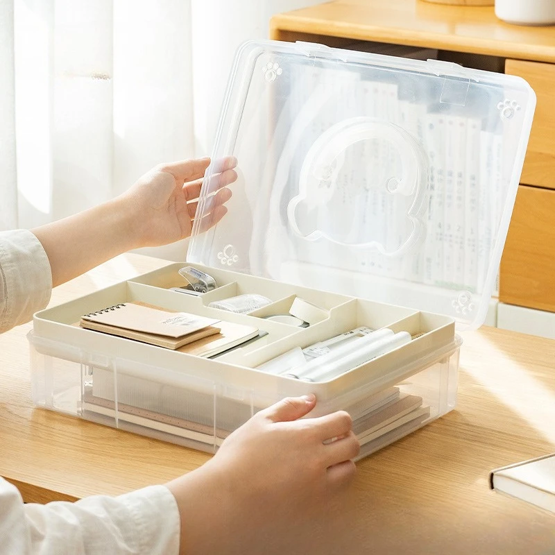 Cute Little Bear Stationery Storage Box, Student Desktop Miscellaneous Compartment Double-layer Transparent Plastic Storage Box