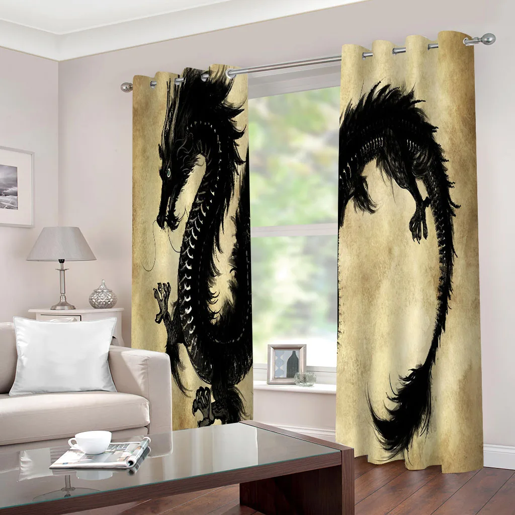 HUANZHUANG Curtains For Living Room  Pieces Decorative Black Dragon Totem Digital Printing Home Luxury Bedroom Window