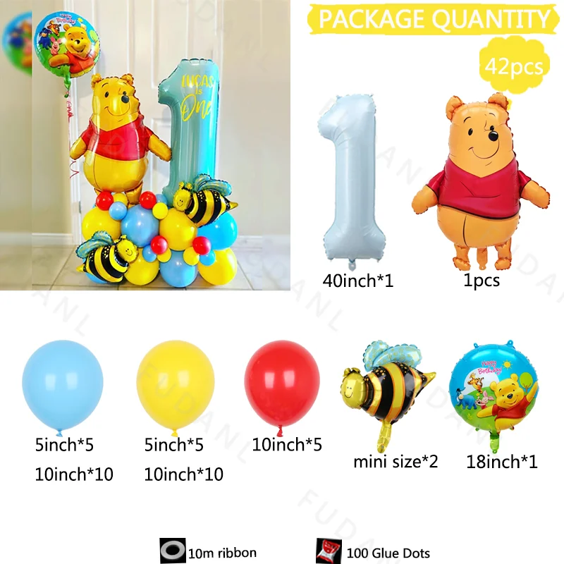 42 pièces Disney Winnie l'ourson thème bleu feuille numéro ballons mignon abeille enfants joyeux anniversaire fête Decos fournitures bébé douche cadeaux