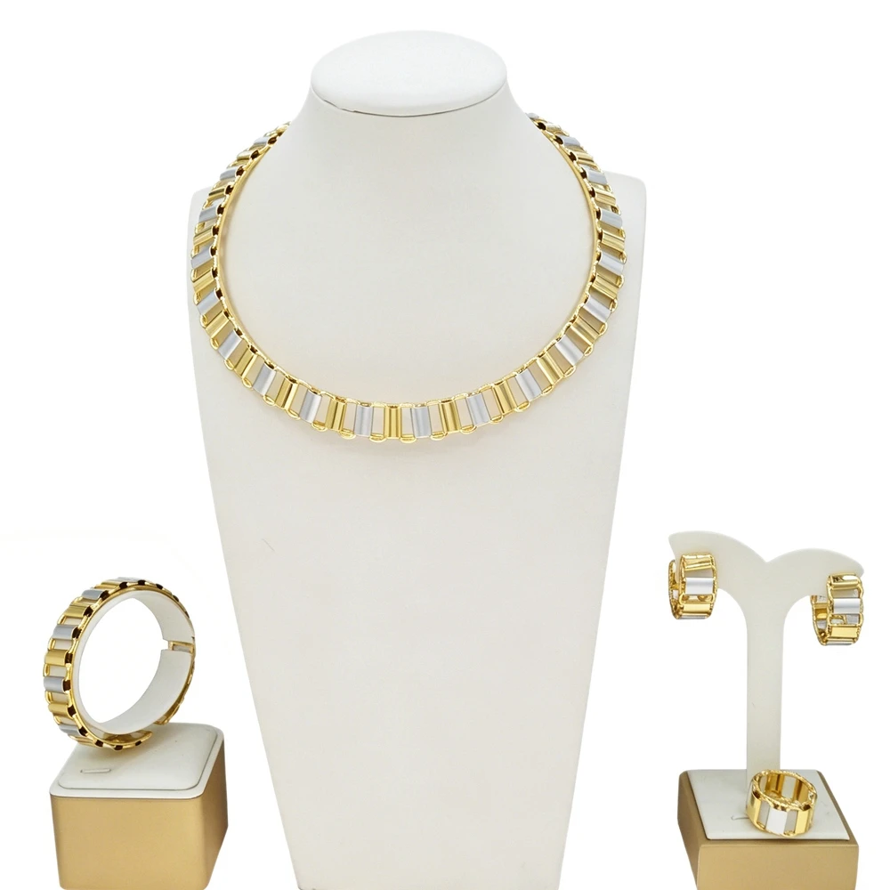 Brazilian Gold Plated Jewelry Set Two‑Color Square Block Link Choker Necklace Earring Ring Bracelet African Party Gift For Women
