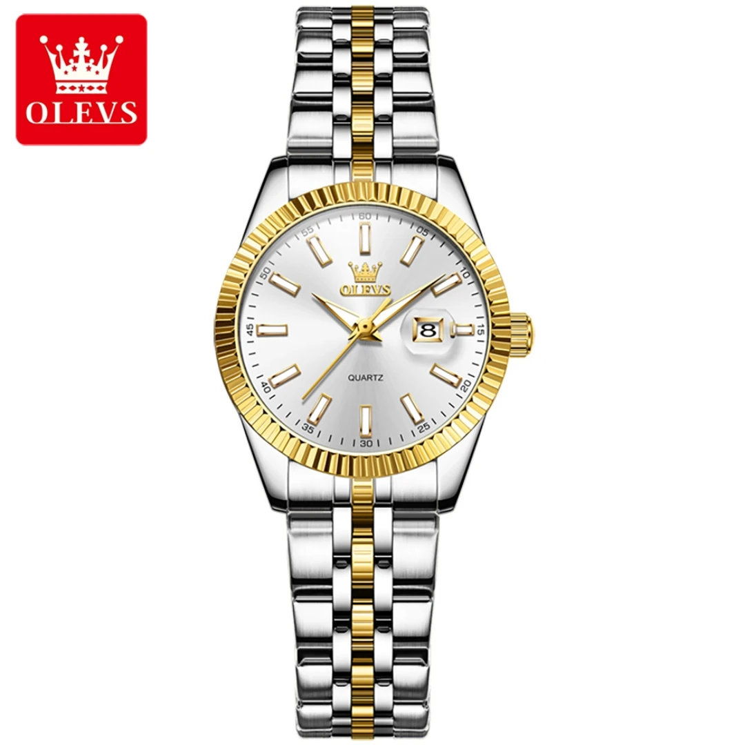 OLEVS 5593 Fashion Quartz Watch Gift Round-dial Stainless Steel Watchband Calendar