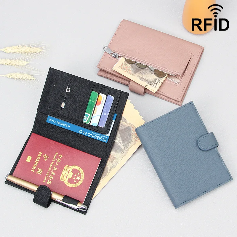 

Кожаный чехол для паспорта с защитой от RFID, многофункциональный ультратонкий дорожный кошелек с зажимом для билетов и отделениями для нескольких карт, унисекс