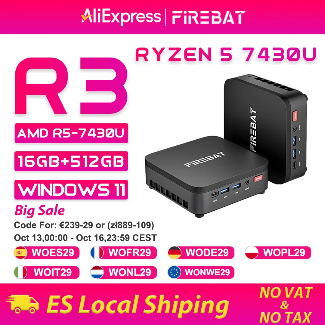 FIREBAT R3 Mini-PC, neues AMD Ryzen 5 7430U, 16 GB LPDDR4 RAM, 512 GB SSD, Windows 11, Wi-Fi 6, USB 3.0, BT5.2, Gaming-Desktop-Mini-Computer