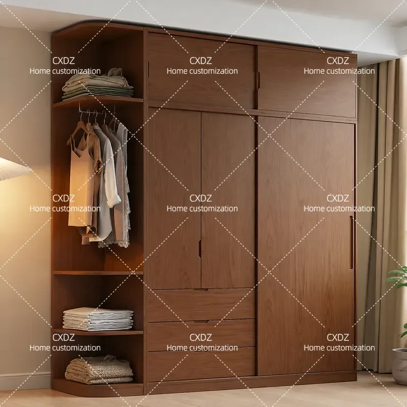 FAS Grade Oak Sliding Door Wardrobe Simple Style Walnut Cabinet Household Bedroom Assembly Finished Closet Storage Furniture