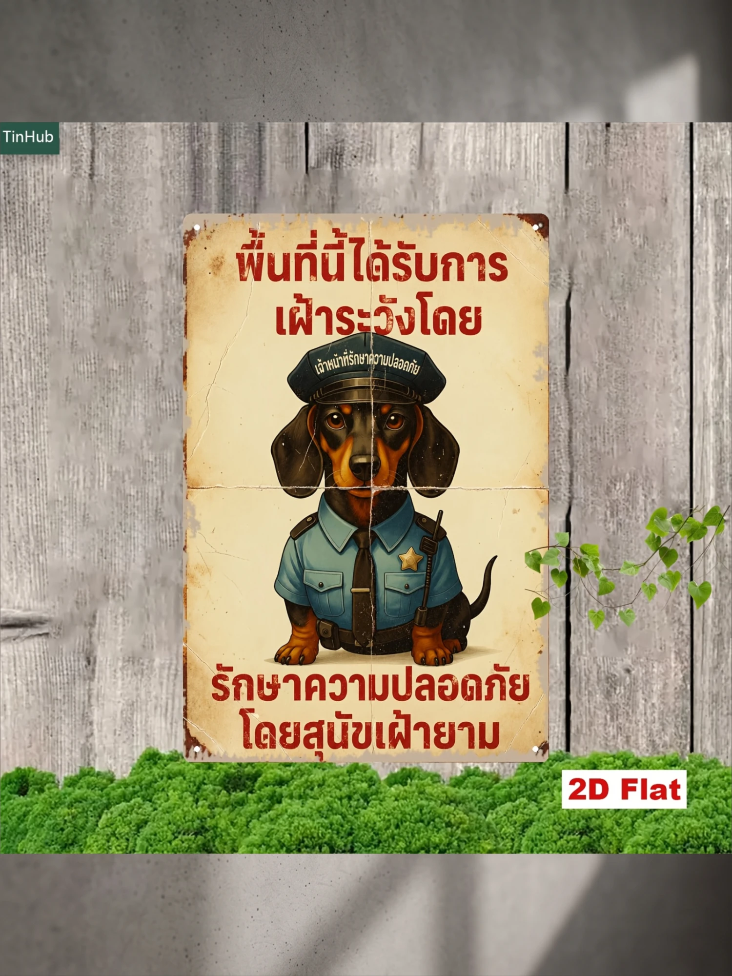 2D Flat 1pc Vintage Dachshund Metal Sign, 7.87X11.81inch Iron Wall Art, Fun Police Outfit Dog Pattern, Thai Warning Text Design, Retro Industrial Style Wall Decor, Suitable for Home Office Corridor Pet Shop, Whimsical Animal Wall Hanging