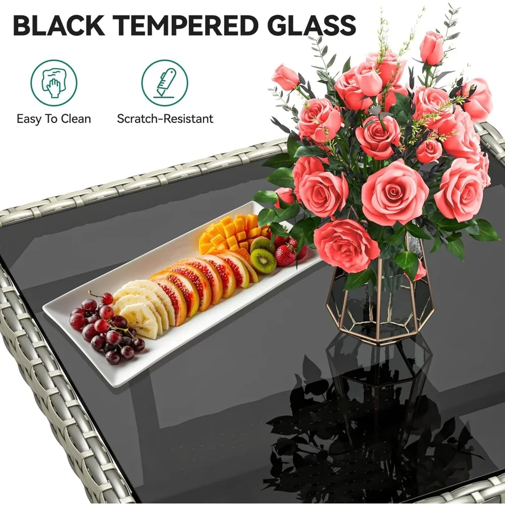 23.6" Patio Table for 4-Person, Outdoor Patio Wicker Square Dining Table, All-Weather Rattan Bistro Dining Table w/Glass Tablet