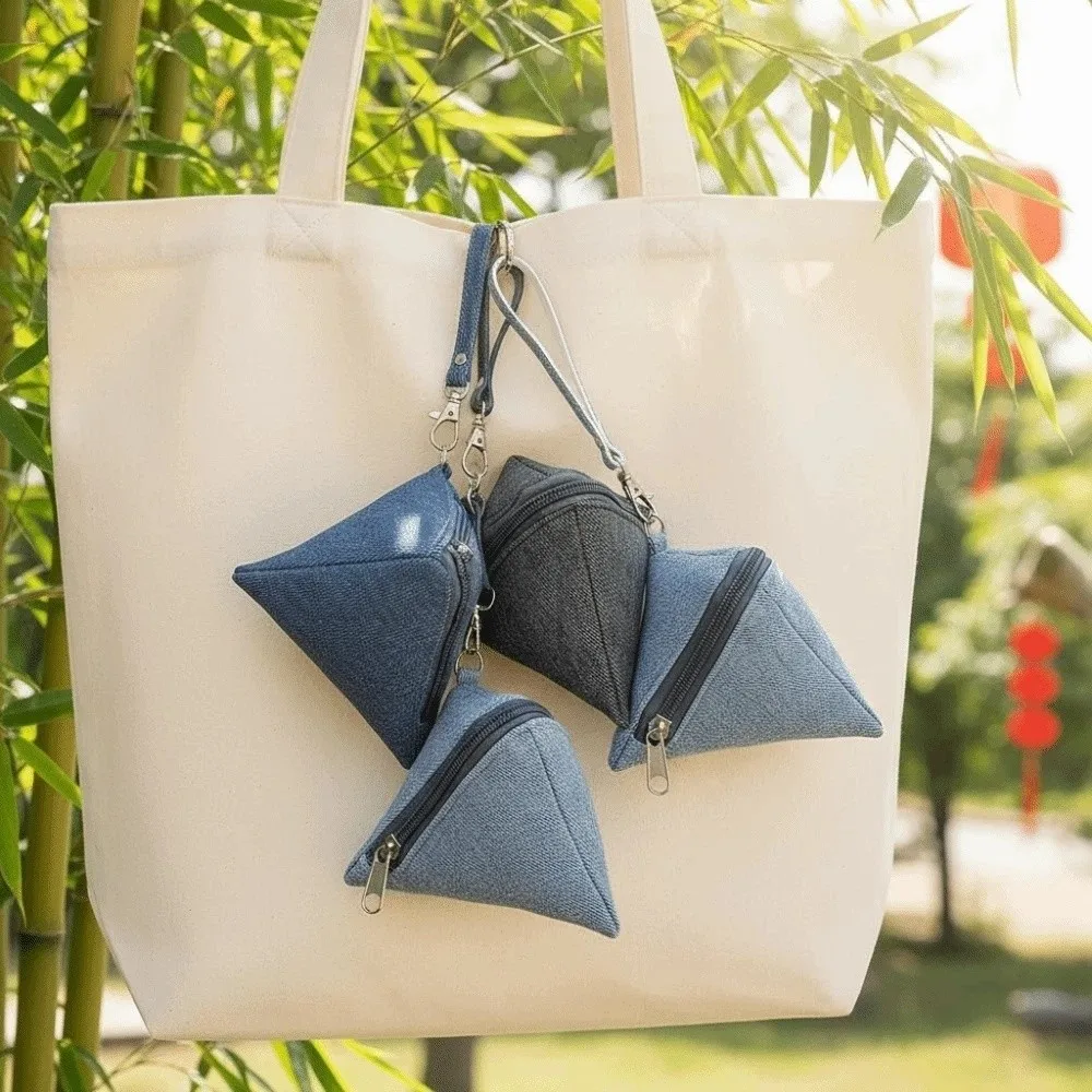 

Полиэстеровый джинсовый мешочек-подвеска в китайском стиле, однотонный, треугольный, тканевый, подвесная сумка, мини-кошелек для монет с защитой от потери, брелок для ключей