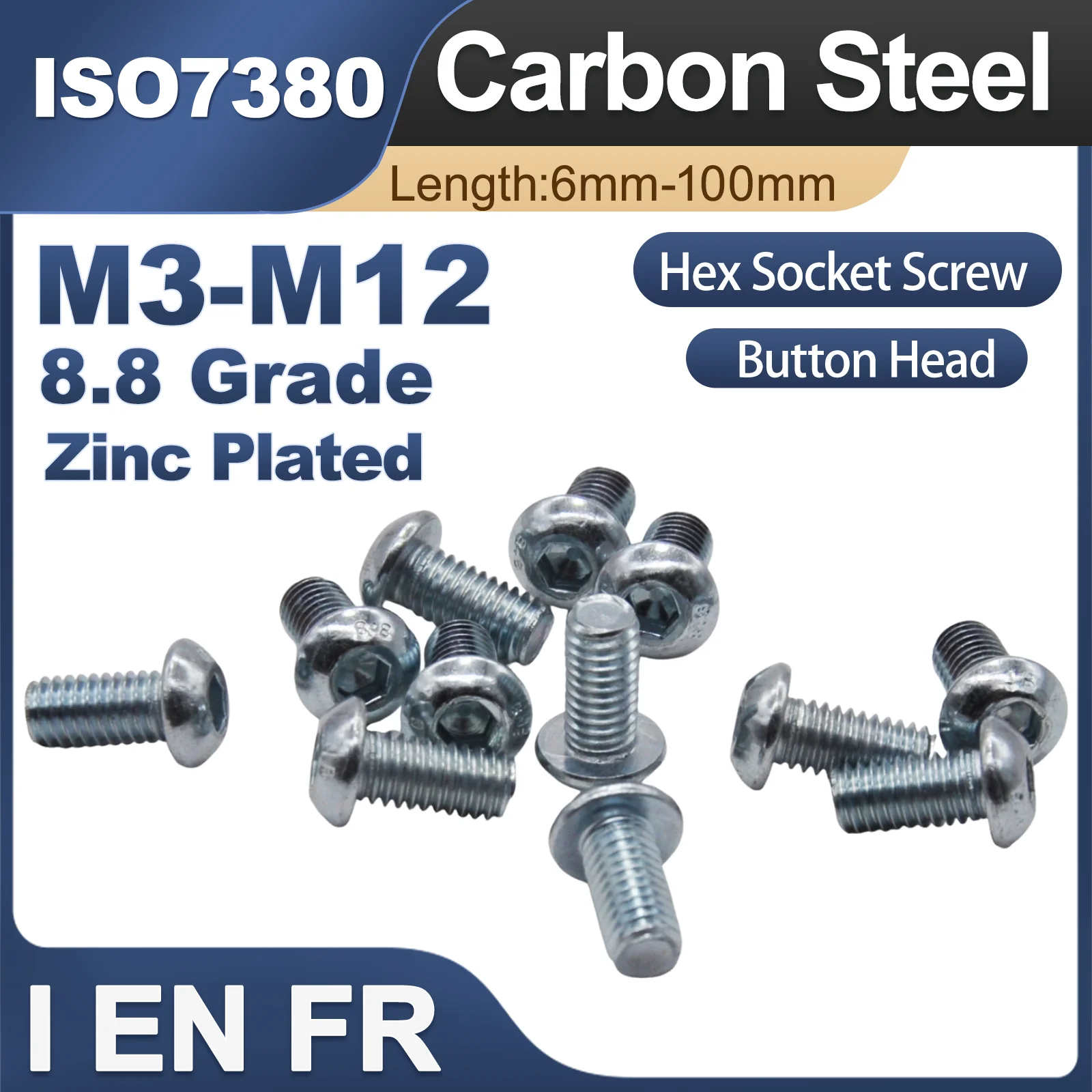 2-50Pcs 8.8 High-intensity ISO7380 Zinc Plated Allen Socket Head Screw M3 M4 M5 M6 M8 M10 M12 Hexagon Socket Button Head Screws