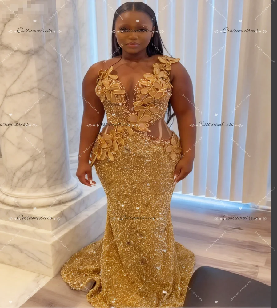 

Sparkly Gold Sequin Plus Size Prom Dress With Beaded Curvy Mermaid Backless Evening Gowns 2026 Black Girls Aso Ebi Formal Party