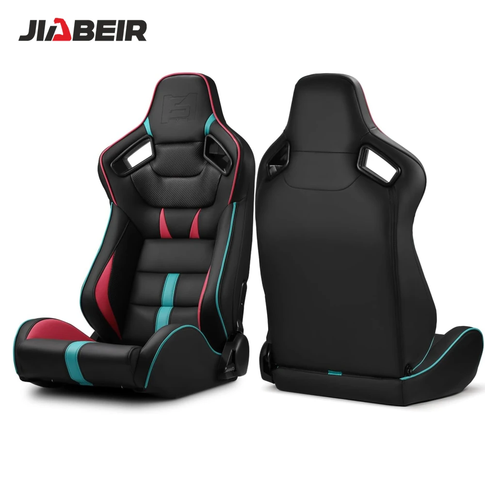 JBR1041B Universal PVC Leather Reclinable Black With Pink/Blue Pair Racing Seats