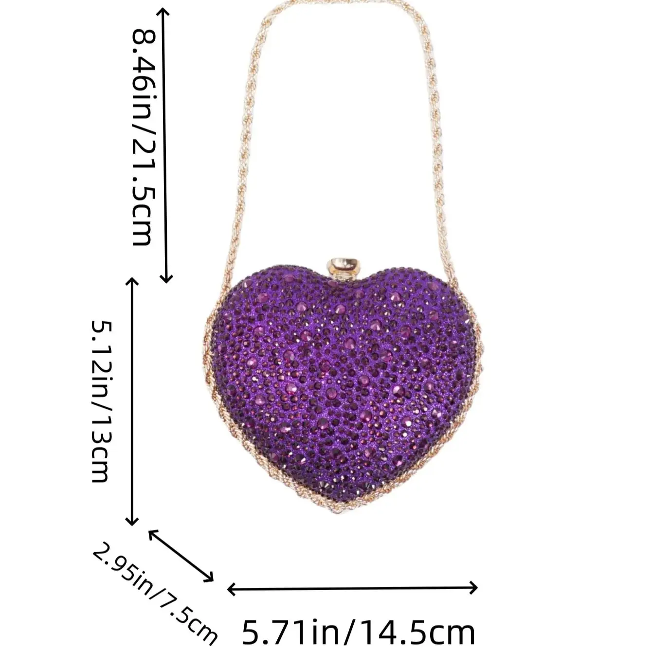 

A silver mini sparkling diamond cute peach heart dinner bag for weddings, banquets, and parties.