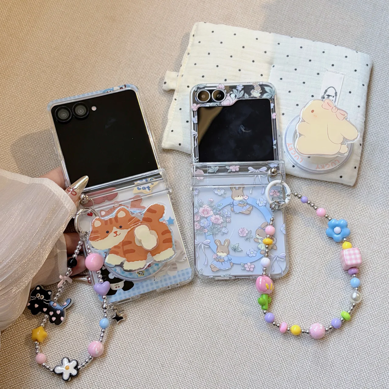 Korean Style Cat Rabbit For Magnetic Phone Case with Stand & Beaded Chain for Samsung Galaxy Z Flip 5 6 7 7FE Clear Cover