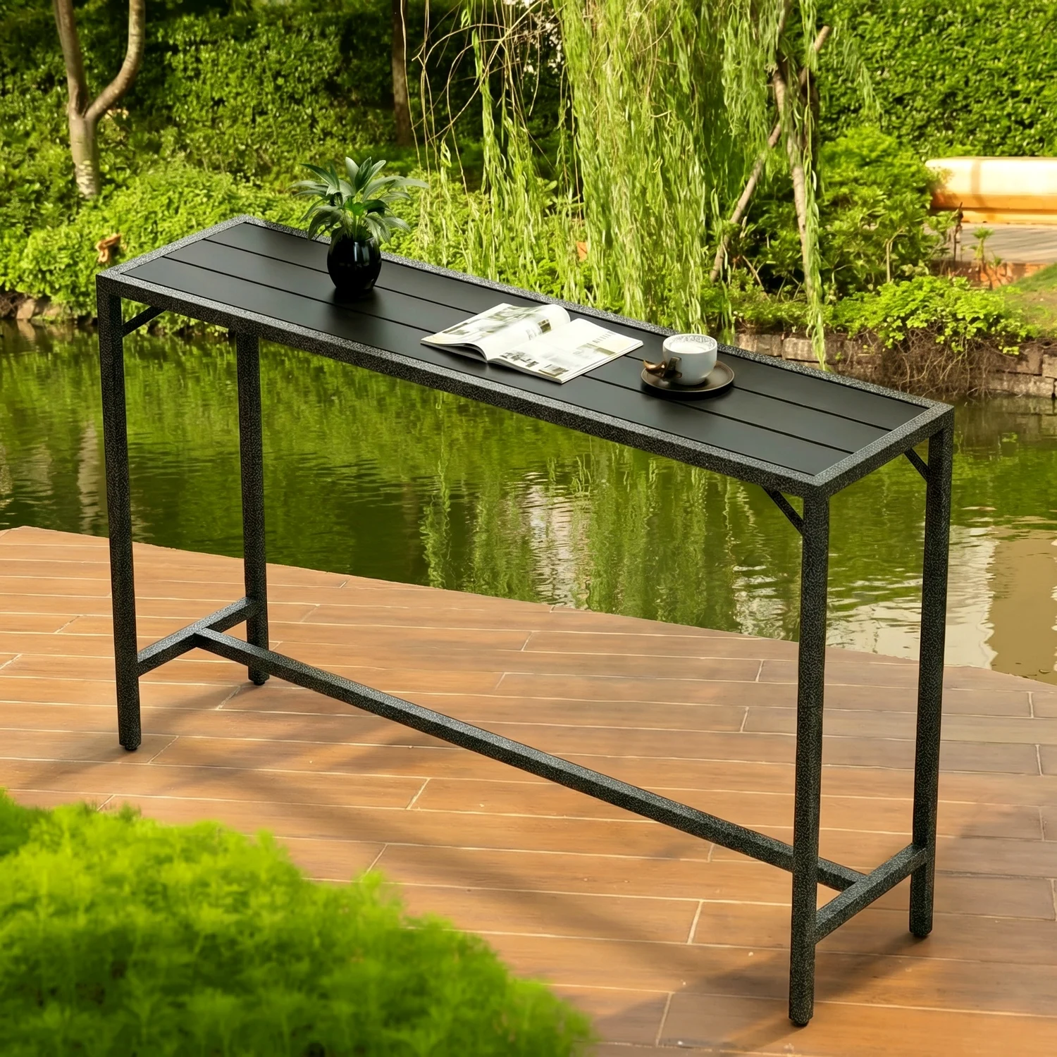 Bartisch Outdoor,Gartenbar,mit verstellbaren Fußpads,Hochtisch,WPC-Material,120 x 38 x 98 cm,70 kg Tragfähigkeit,Wetterfest,für Innenhof,Balkon,Küche