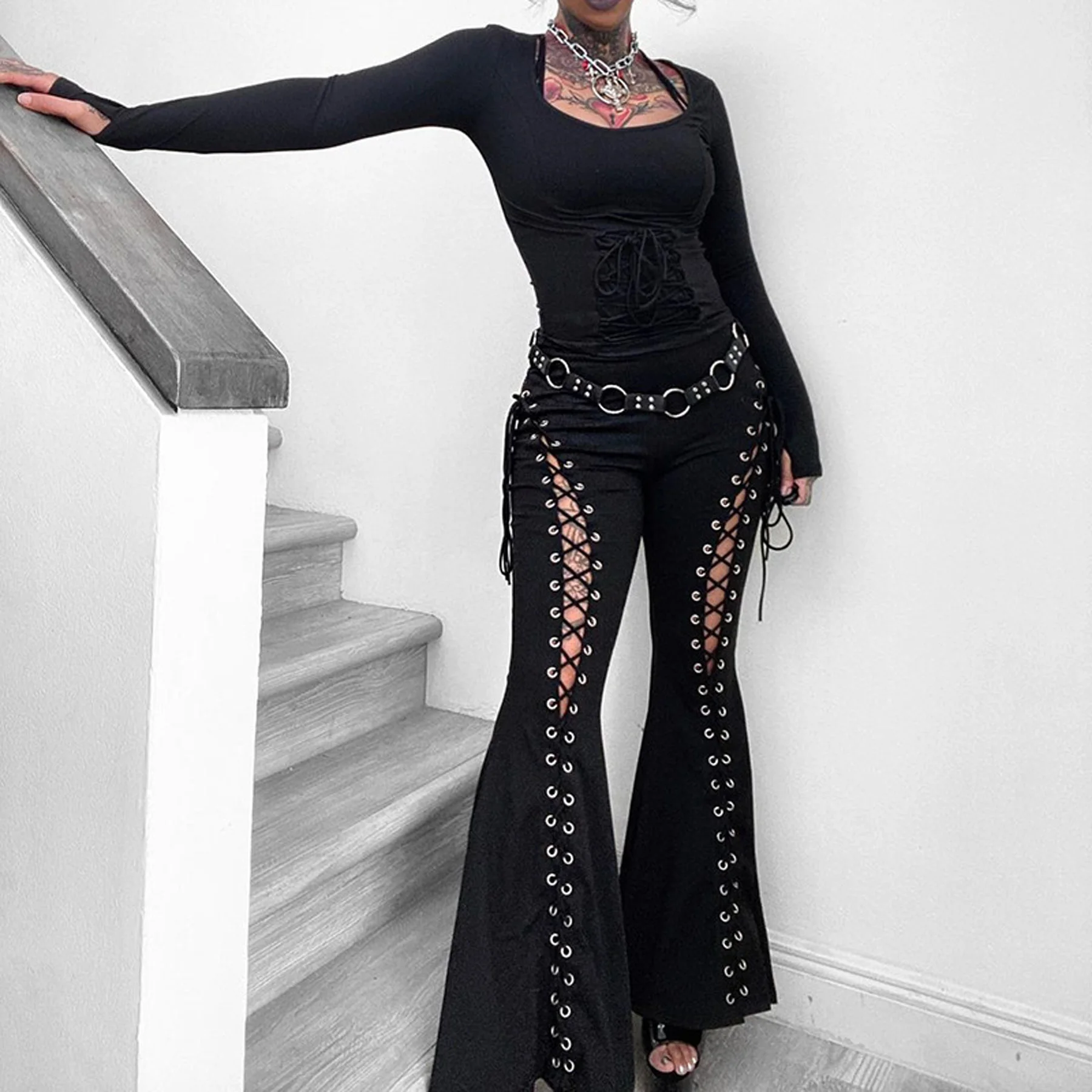 High Waist Flare Black Pants with Lace Up Cut Out and Chain Decor Jirai Kei Gothic Cyber Punk Y2K Dark Academia Alt Pants