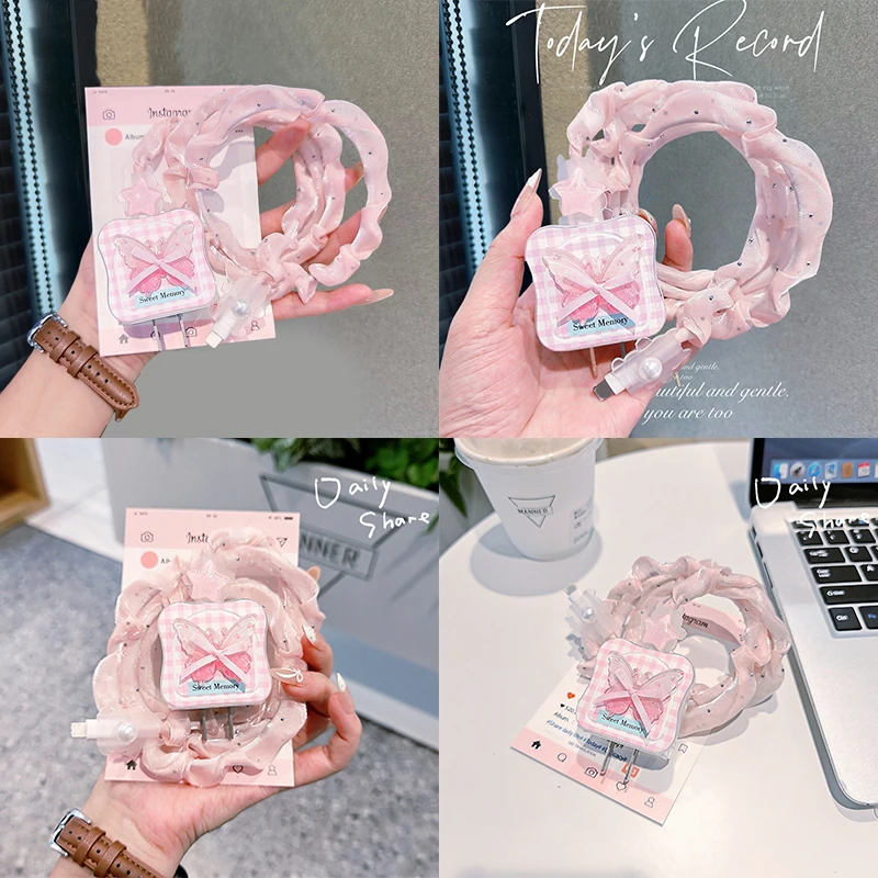 Butterfly Bow Charger Cable Protector-Cute iPhone15/16 ProMax 18W/20W Fast Charging Data Line Cover, Anti-Bend Sleeve&Winder Kit