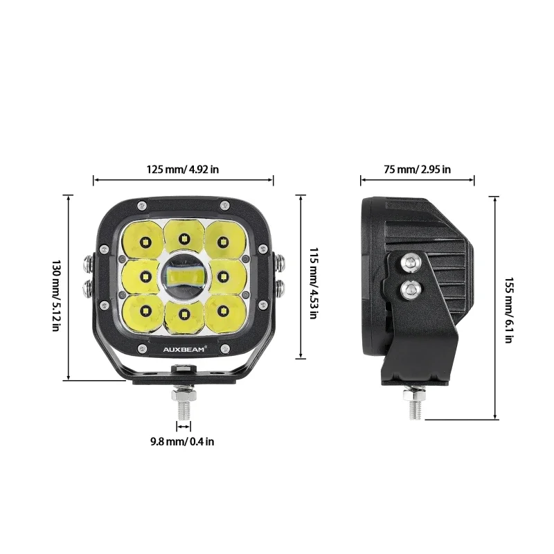 AUXBEAM 5 Inch 110W  LED Work Light White/Amber Spot Light with Harness for Truck Pickup Offroad