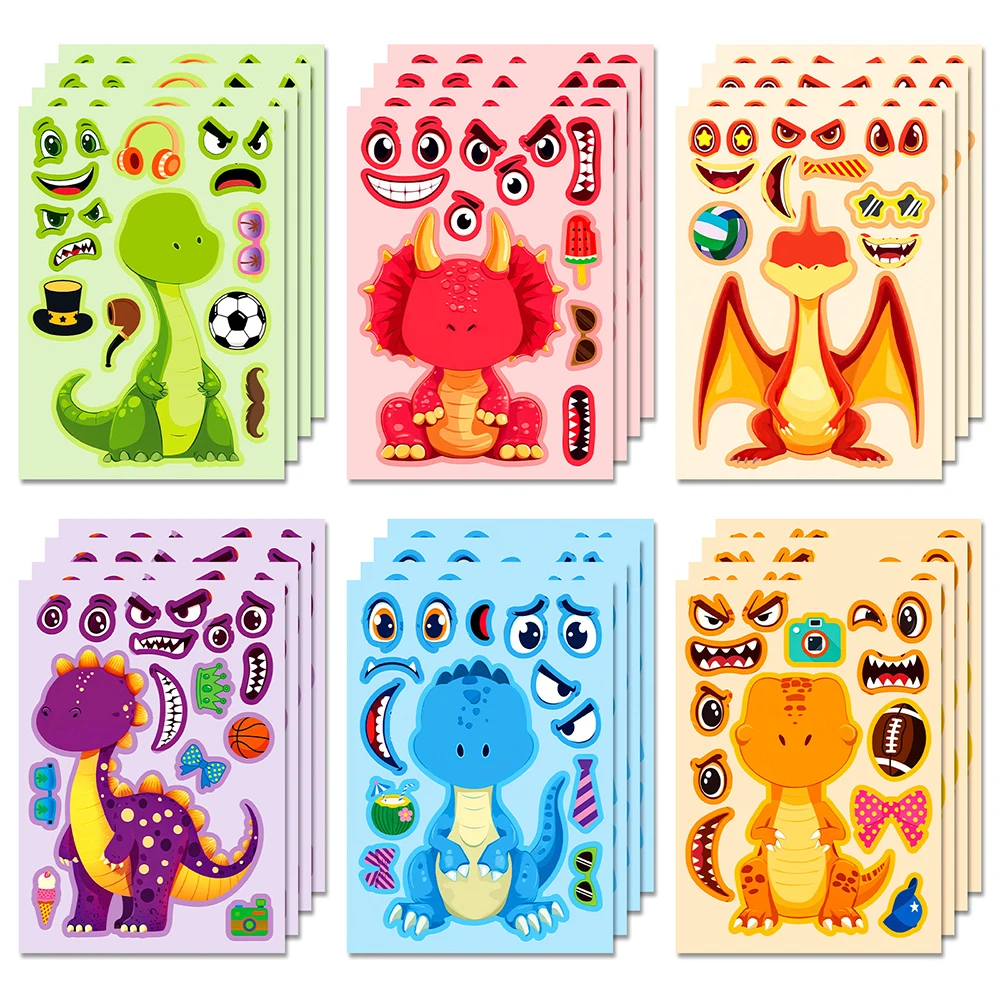 6/12 blätter Lustige Cartoon Dinosaurier Puzzle Aufkleber Spiele DIY Machen ein Gesicht Laptop Telefon Tagebuch Montieren Puzzle Bildung spielzeug Aufkleber