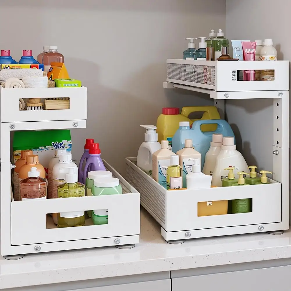 

Large 2-Tier Pull-Out Mesh Sink Storage Organizer for Kitchen and Bathroom Cabinets - Adjustable, L-Shaped, White